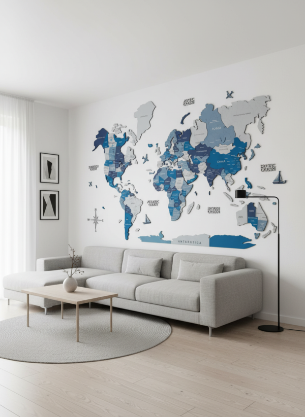 3D World Map - Blue Shades