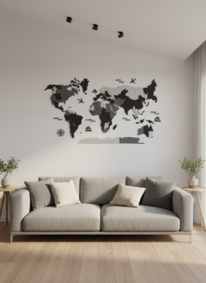 3D World Map - Black & Grey