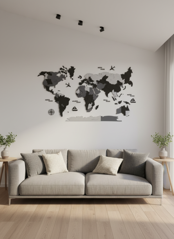 3D World Map - Black & Grey